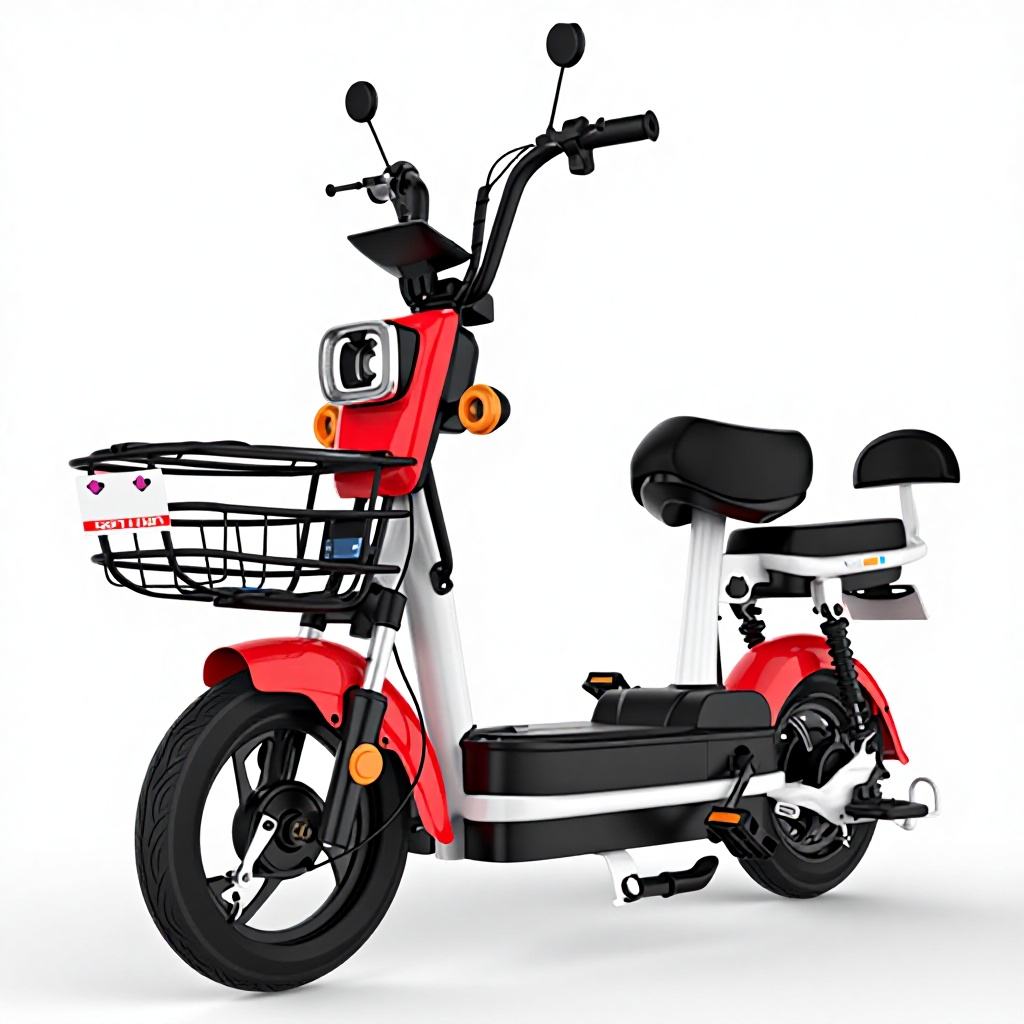 Electric Bike with Front Basket, Dual Seats and 14-Inch Wheels for City Commuting