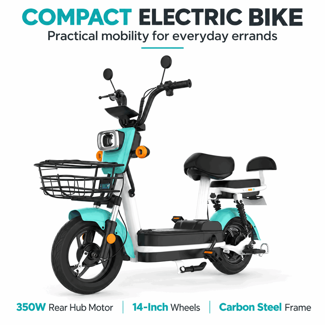 Electric Bike with Front Basket, Dual Seats and 14-Inch Wheels for City Commuting Electric Bike with Front Basket, Dual Seats and 14-Inch Wheels for City Commuting