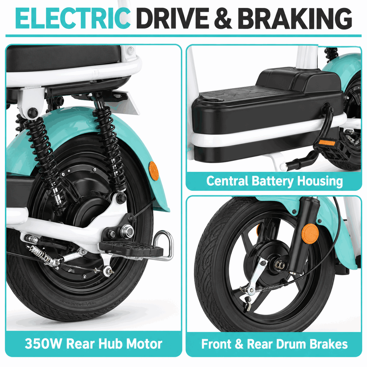 Electric Bike with Front Basket, Dual Seats and 14-Inch Wheels for City Commuting Electric Bike with Front Basket, Dual Seats and 14-Inch Wheels for City Commuting