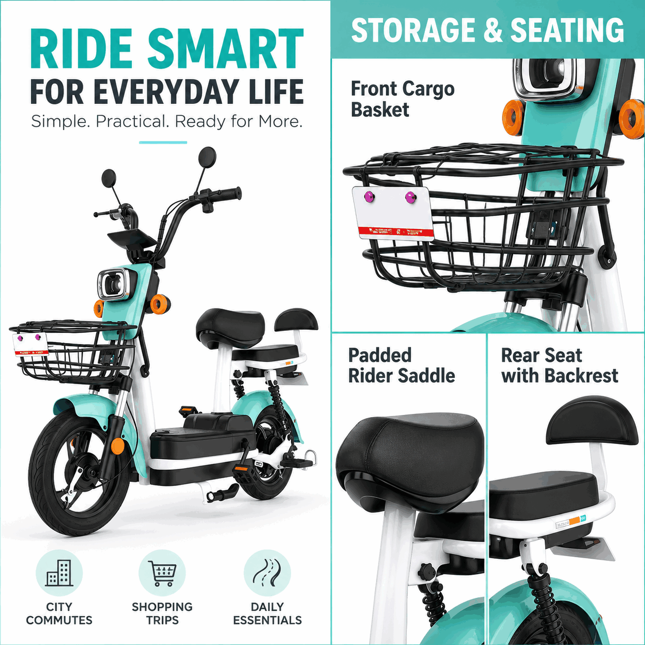 Electric Bike with Front Basket, Dual Seats and 14-Inch Wheels for City Commuting Electric Bike with Front Basket, Dual Seats and 14-Inch Wheels for City Commuting