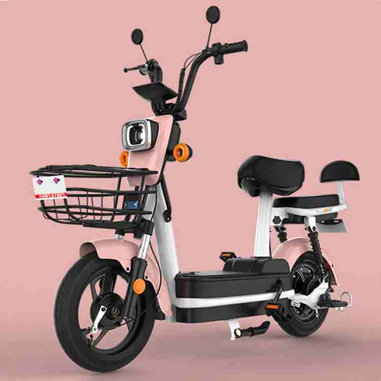 Electric Bike with Front Basket, Dual Seats and 14-Inch Wheels for City Commuting