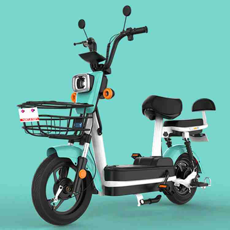 Electric Bike with Front Basket, Dual Seats and 14-Inch Wheels for City Commuting