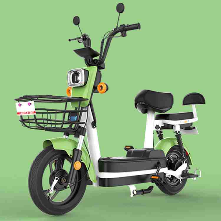 Electric Bike with Front Basket, Dual Seats and 14-Inch Wheels for City Commuting