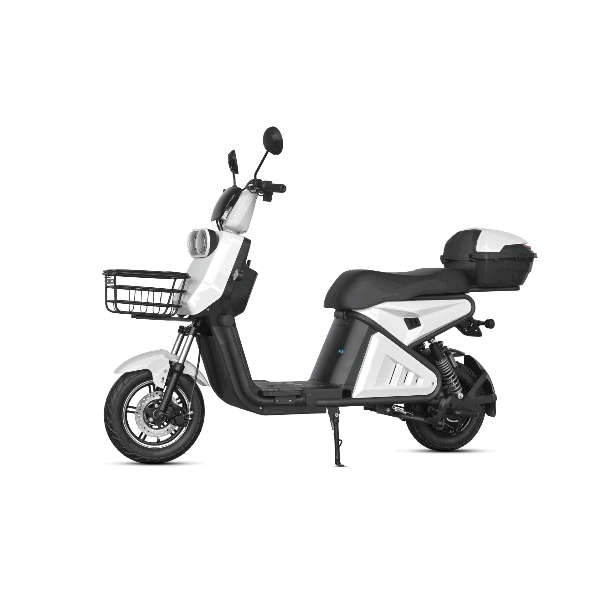 Electric City Scooter with Front Basket, Rear Storage Box and Step-Through Frame