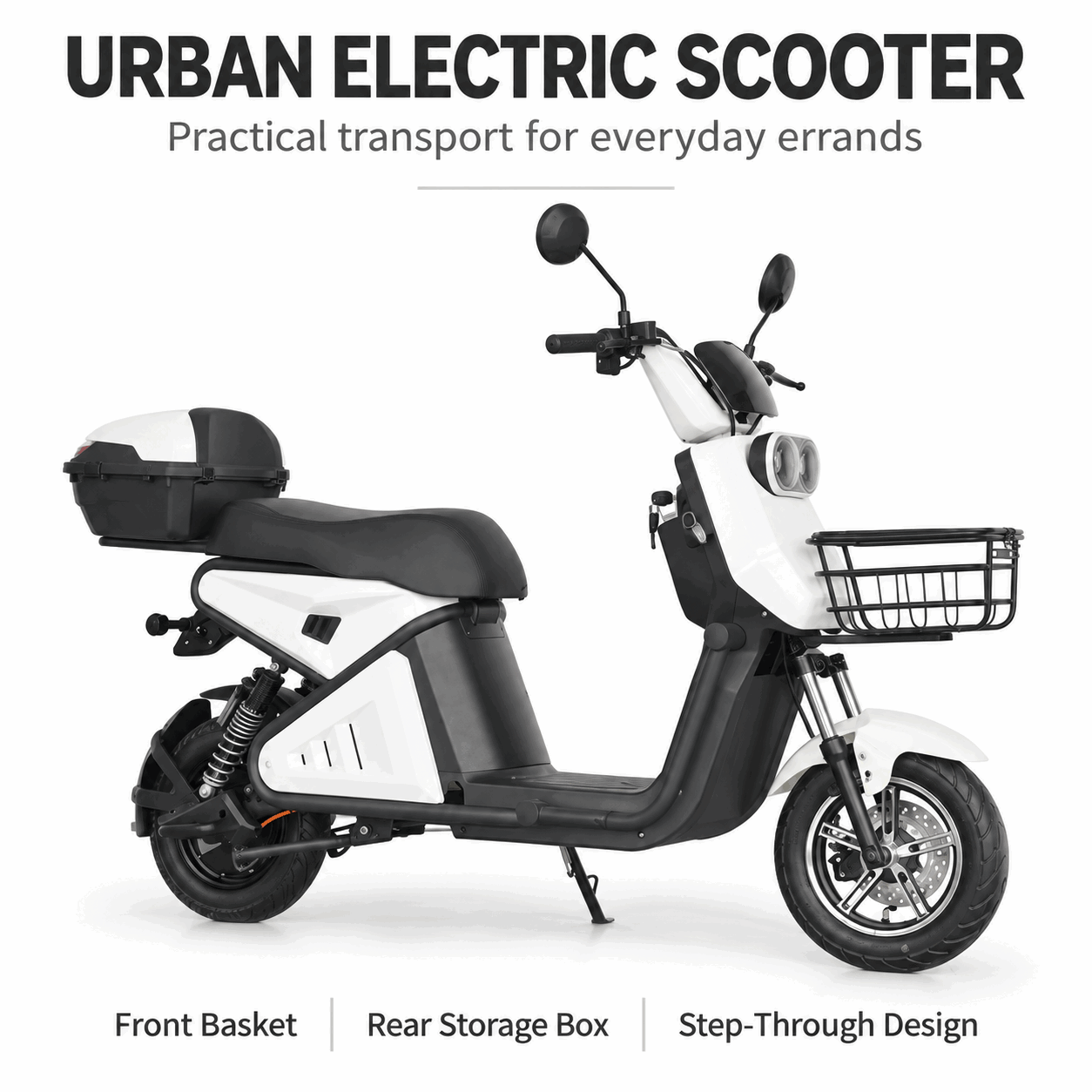 Electric City Scooter with Front Basket, Rear Storage Box and Step-Through Frame Electric City Scooter with Front Basket, Rear Storage Box and Step-Through Frame