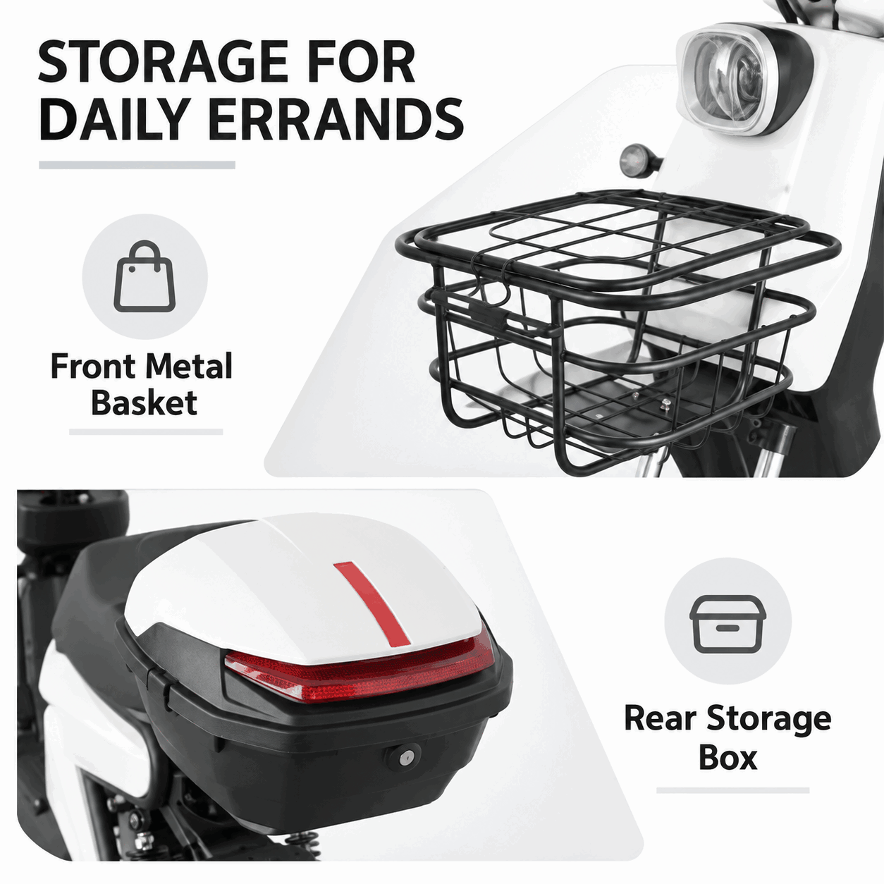 Electric City Scooter with Front Basket, Rear Storage Box and Step-Through Frame Electric City Scooter with Front Basket, Rear Storage Box and Step-Through Frame