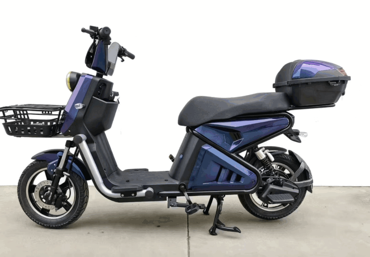 Electric City Scooter with Front Basket, Rear Storage Box and Step-Through Frame