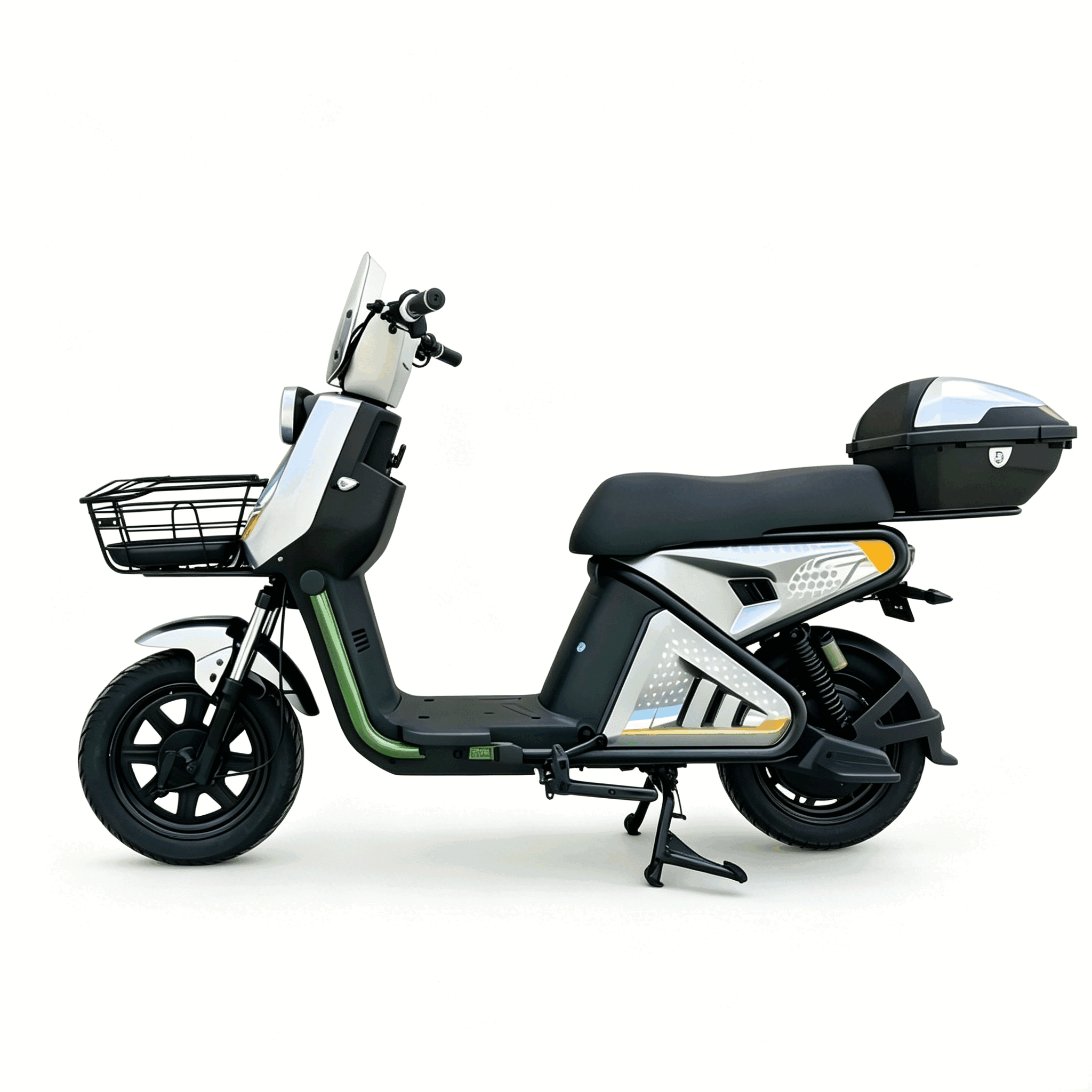 Electric City Scooter with Front Basket, Rear Storage Box and Step-Through Frame