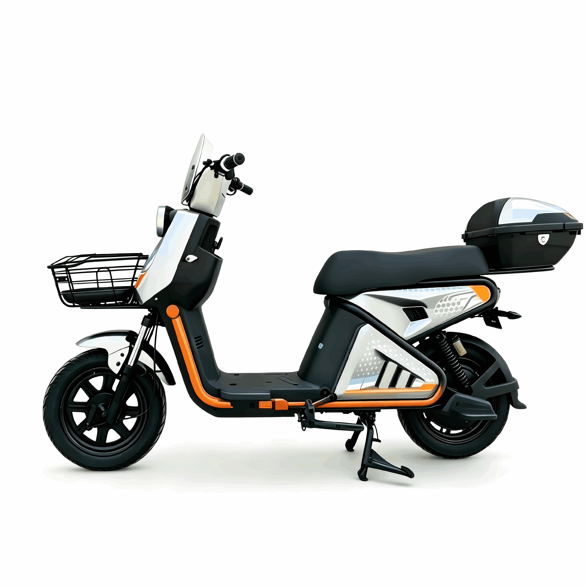 Electric City Scooter with Front Basket, Rear Storage Box and Step-Through Frame