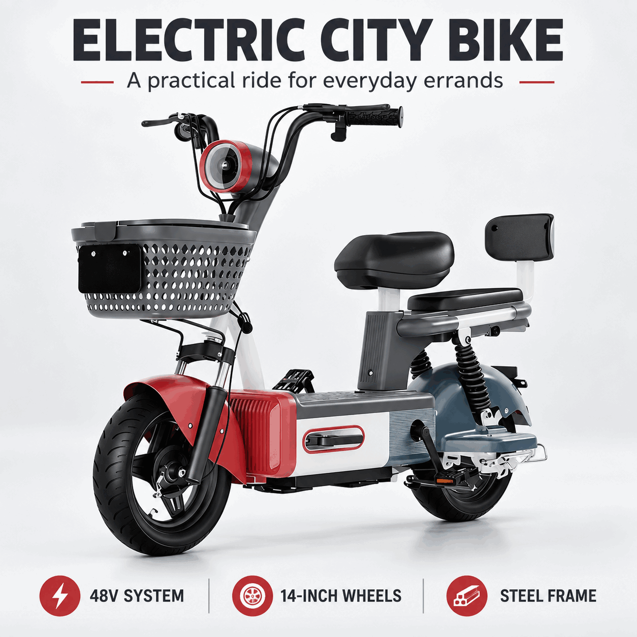 Electric City Bike with Front Basket, Rear Seat, Backrest & 14-Inch Wheels Electric City Bike with Front Basket, Rear Seat, Backrest & 14-Inch Wheels