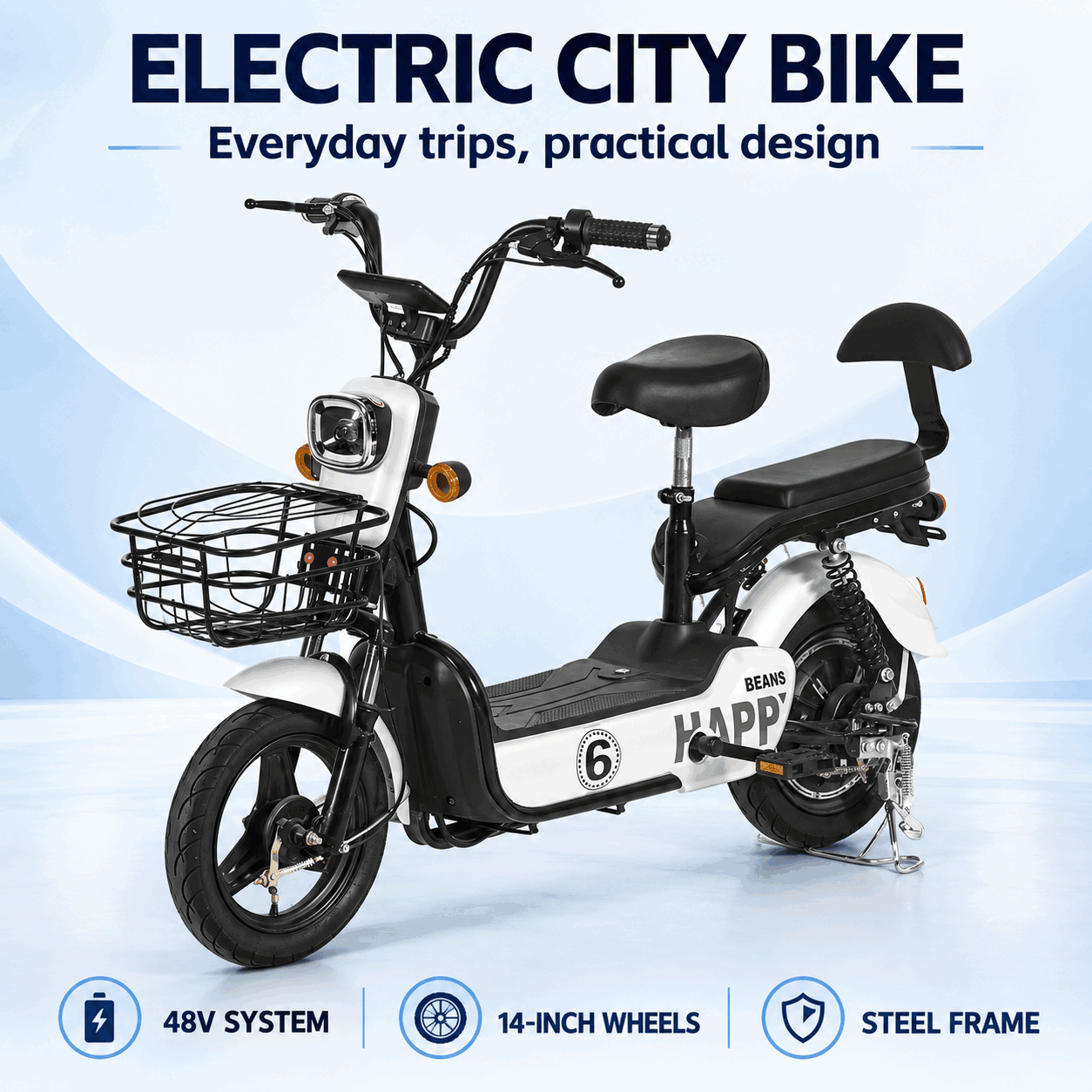 Electric City Bike with Front Basket, Rear Seat, LED Headlight & 14-Inch Wheels Electric City Bike with Front Basket, Rear Seat, LED Headlight & 14-Inch Wheels