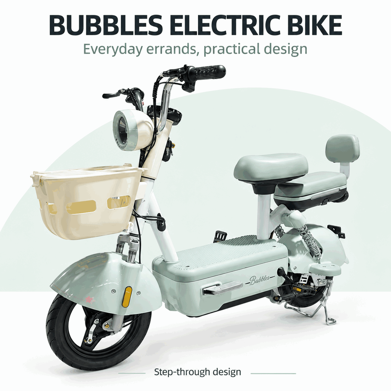 Bubbles Electric City Bike with Front Basket, Padded Seat & Rear Backrest Bubbles Electric City Bike with Front Basket, Padded Seat & Rear Backrest